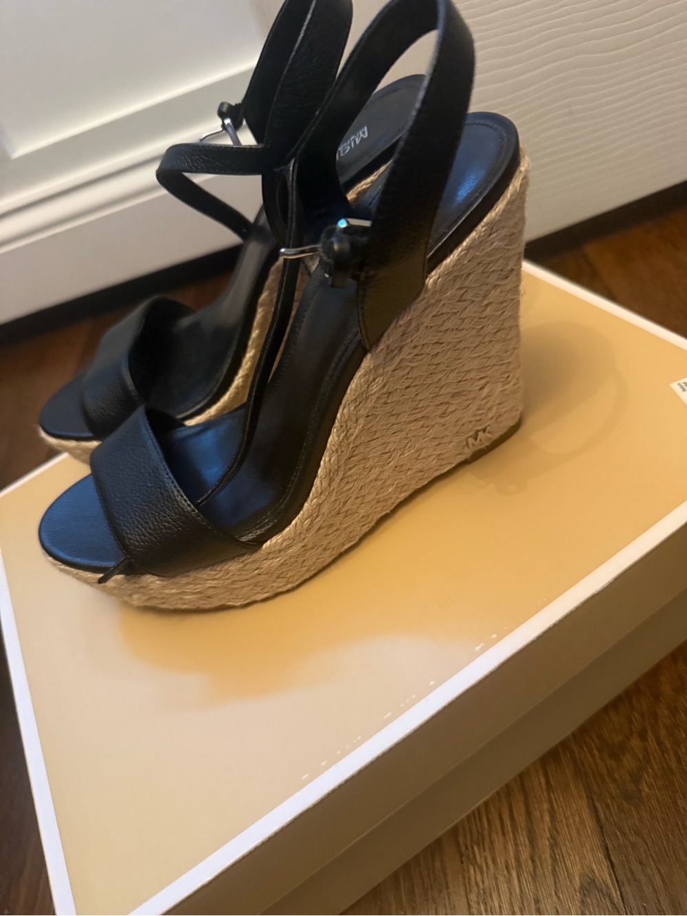Michael Kors Black Leather Raffia Wedge Sandals